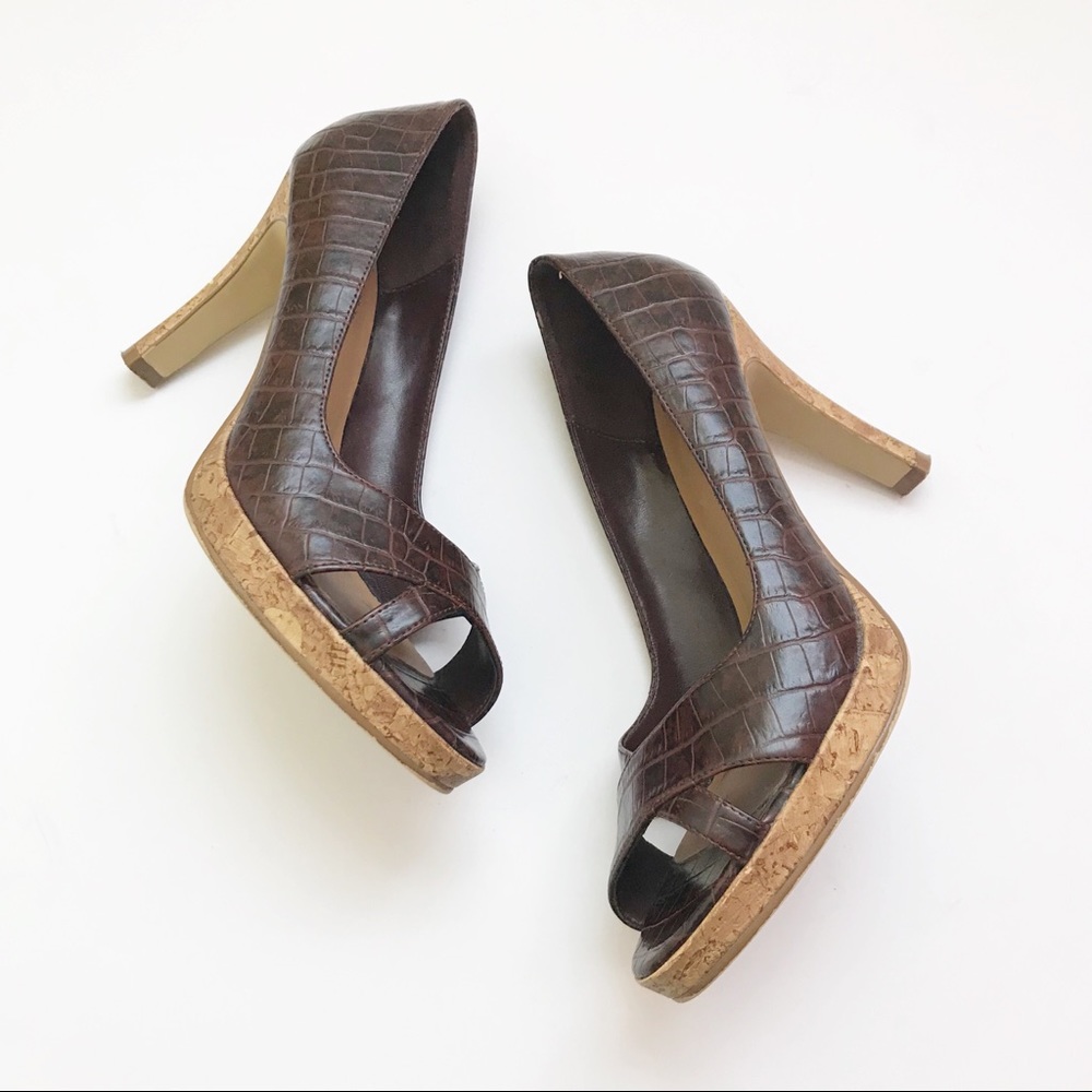 Fidni Brown Peep Toe Faux Alligator Faux Cork Heel